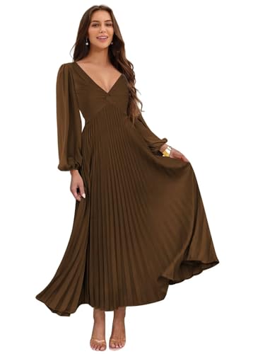Miao Duo Women's Long Sleeves V Neck Pleated Bridesmaid Dresses Long Maxi Pleated A Line Silk Satin Brown Formal Dresses with Pockets for Wedding 10