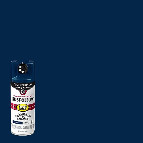 Image of Rust-Oleum Stops Rust Custom 5-in-1 Spray Paint, Gloss Navy Blue | Rust Preventive Protective Enamel, Multi Surface (Metal, Wood and More), Adjustable Dial for Better Control, Fast Dry, 6 Pack