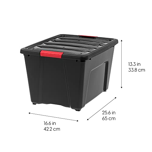 Image of IRIS USA 72 QT Plastic Storage Box with Lid and Latches - 4 Pack - BPA-Free, Garage Organizing Solution, Durable Nestable Stackable Containers, Secure Pull Handle - Black