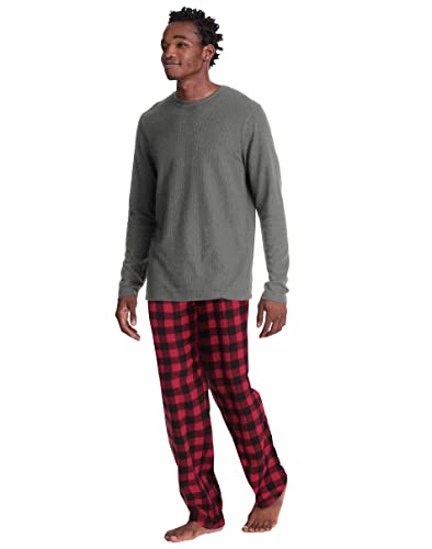 Hanes Mens X-Temp Waffle Knit Microfleece Sleep Set, M, Black-Red Plaid2