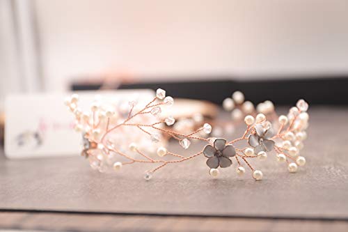 Kercisbeauty Wedding Bridal White Flower and Pearl Headband Vine Headpiece for Prom,Tiara(Rose Gold) - Image 4