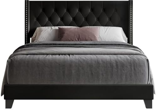 Image of Wooden Modern Upholstered King Size Bed for Bedroom | Wooden Double Bed Without Storage | Platform Cot Upholstered Bed with Upholstery Fabric | Engineered Wood | 6.5 x 6 Ft | Black Waylen