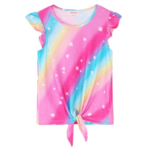 JESKIDS Girls Short Sleeve Shirts Ruffle Tie Front Unicorn Tie Dye Print Summer T Shirt Tank Top 3-11 Years, Rose Red Rainbow, 4-5 Years