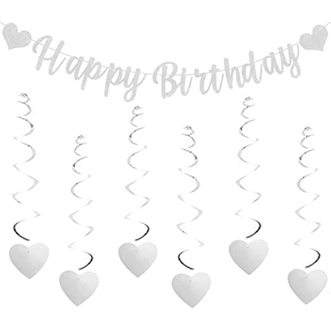 Pargleev Pre-assembled Happy Birthday Banners with 6 Pieces Hanging Swirl Sweet Heart Glitter Bunting Banner For Women Girls for Birthday Party Decorations Backdrop Silver Cover