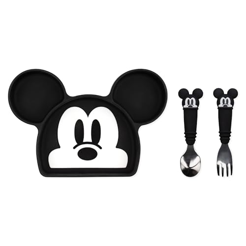 Bumkins Disney Mickey Mouse - Silicone Grip Dish, Fork & Spoon - For Ages 18 Months+ - Suction Base - 100% Food-Safe Silicone - Freezer, & Dishwasher Safe