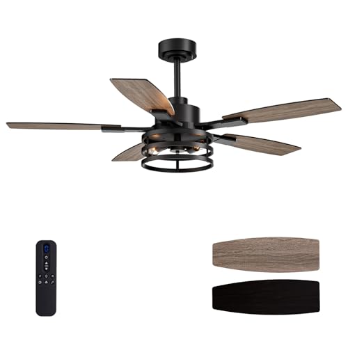 Image of 52 Inch Ceiling Fans with Lights and Remote Control, Farmhouse Ceiling Fan with LED Lighting for Bedroom Living Room and Patio, Black Caged Ceiling Fan for Indoor and Outdoor(NO Bulbs)