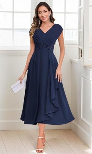 Chiffon Mother of The Bride Dresses Tea Length Lace Appliques A Line Formal Dress MAOF0304