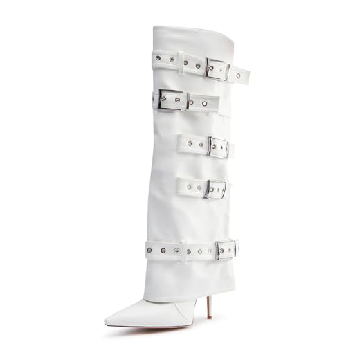 White Knee High Boots Fold Over Stiletto High Heel Pointed Toe Shark Boots with Buckle Pull On Dress Biker Boot