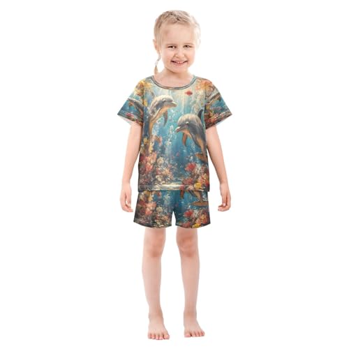 ALAZA Dolphin Beautiful Coral Reef Pajamas Set Short Sleeve Cotton Sleepwear Summer Pjs 2 Piece 5-14Y3