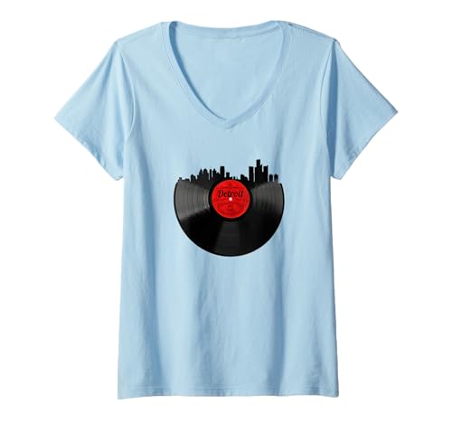 Mujer Detroit Michigan Vintage Skyline Disco de vinilo Camiseta Cuello V