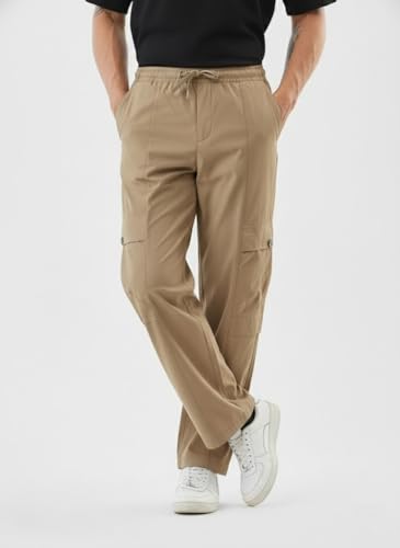 Image of Men's Cotton Cargo Pants | Straight Fit Casual Trousers for Men with Pockets | Lightweight & Breathable Pants with Elastic Waistband & Drawstring | Comfortable Lower for Mens