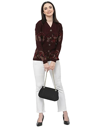 Image of Kalt Women Sweater for Winter Woolen Acrylic Full Sleeves V Neck Floral Design Cardigan Sweater for Women