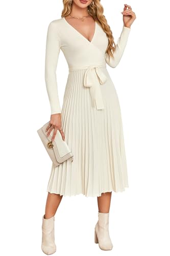 Newshows Strickkleid Damen Winter Herbst Langarm V-Ausschnitt Winterkleid A-Linie Elegantes Pulloverkleid