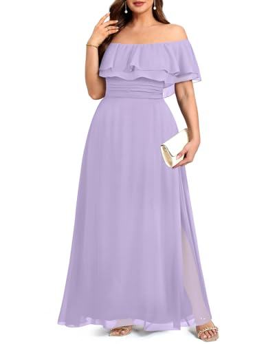 Image of Pinup Fashion Plus Size Formal Bridesmaid Wedding Guest Chiffon Long Dress | Chiffon, off-the-shoulder neckline, layered ruffles, ruched elastic waist, floor-length, evening party, wedding guest