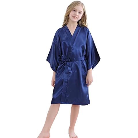 SEALINF Girls Silky Robe Kids Solid Color Kimono Sleeping Gown Bathrobe for Spa Birthday Parties Wedding Getting Ready (Navy, Tag 14) Cover