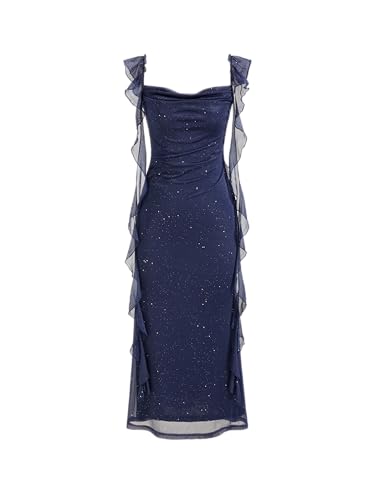 CIDER Summer Maxi Dress Wedding Guest Cowl Neck Glitter Ruffle Hem Bodycon Party Slim Formal Sleeveless Dress