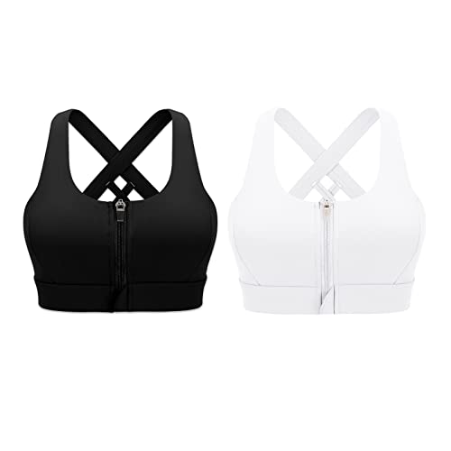 Image of Cordaw Zipper in Front Sports Bra High Impact Strappy Back Support Workout Top