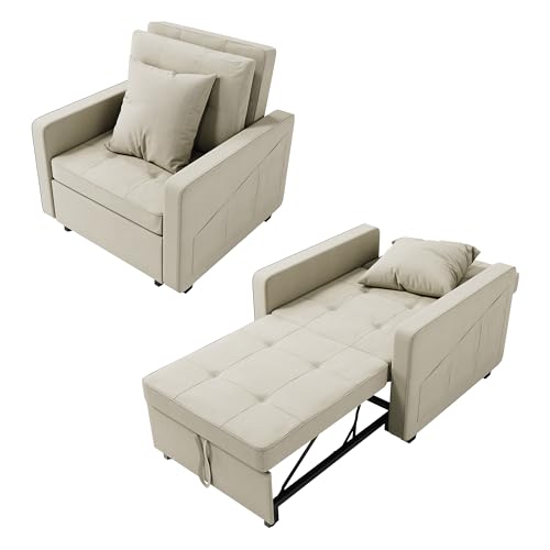 3-in-1 Single Sofa Bed, Pull Out Convertible Sleeper Chair Bed with Adjustable Backrest, Pillow, Side Pockets, Breathable Linen Guest Bed for Living Room, Bedroom, Cream White