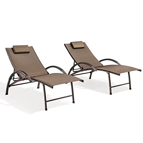 Crestlive Products Adjustable Chaise Lounge Aluminum Lounge Chair Five-Position Outdoor Recliner With Padded Headrest & Curved Armrest All Weather For Patio, Beach, Yard, Pool (2Pcs Brown) #TOP1