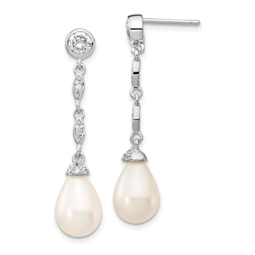 Pendientes colgantes de plata de ley 925 con circonita cúbica y diamantes de imitación de perlas cultivadas en agua dulce, miden 36 x 9 mm de ancho, joyería para mujer