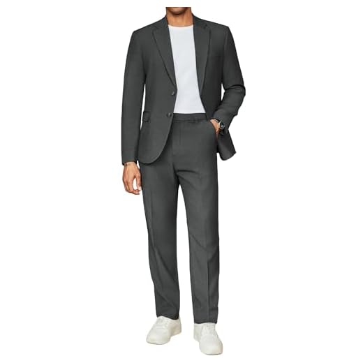 COOFANDY Ternos masculinos de 2 peças, ajuste regular, blazer casual com dois botões, conjunto de jaqueta e calça smoking para casamento, formatura, negócios, Cinza escuro, 46