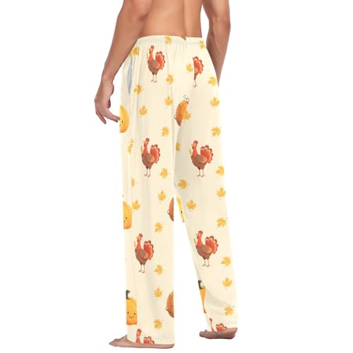 Autumn Fall Thanksgiving Pumpkin Yellow Men's Pajama Pants Cotton Sleep Bottoms with Drawstring A23044984
