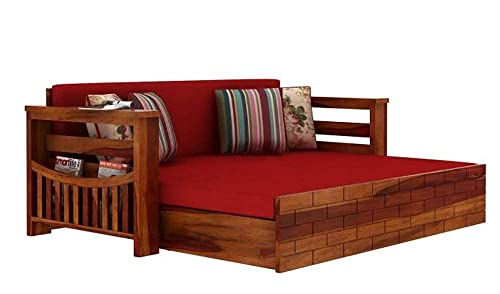 Image of Solid Sheesham Wood Sofa Cum Bed with Storage Side Pocket- 3 Seater Wooden Sofa Bed for Living Room | Convertible Diwan Bed with Cushions | Modern Space Saving Furniture (Red)