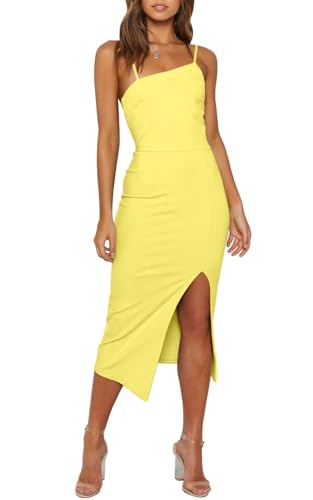Image of OWIN Women's Adjustable Spaghetti Straps Sleeveless High Waist Split Midi Bodycon Cocktail Party Dress