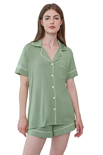 Image of Cherrydew Women Bamboo Viscose Super Soft Comfy Summer Cooling Short Sleeve Button Down Pajama Shorts Set S-XXL