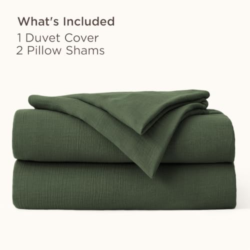 Image of Bedsure Muslin Duvet Cover Queen Size - Cotton Blend Viscose Derived from Bamboo, Cooling Duvet Cover, PureWoven Ultra-Soft & Breathable Bedding Set for All Seasons (Olive Green, 90 inchx90 inch)