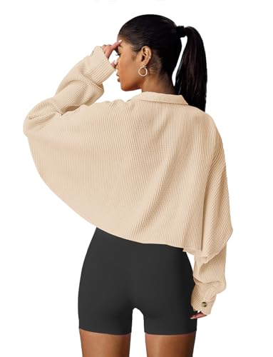 Image of Panadila Women's Cropped Waffle Knit Shacket Short Button Down Jacket Batwing Sleeve Shirts with Pocket