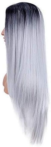 YUNSI Grey Wigs for Women Ombre Grey Natural Straight Long Synthetic Hair Heat Safe No Lace Front Wig 30 Inches - Image 5
