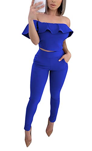 Aro Lora Womens Sexy 2 Piece Jumpsuit Off Shoulder Ruffle Crop Top and Bodycon Pant Set X-Large Blue
