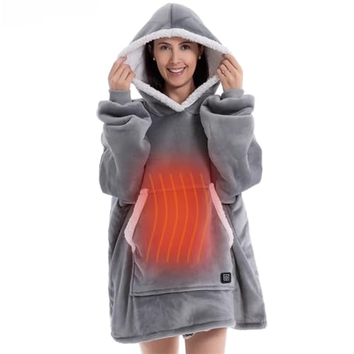Manta con capucha calentada mediante USB con 3 niveles de calor, forro polar suave y cálido para adultos, Gris, Built-in Button