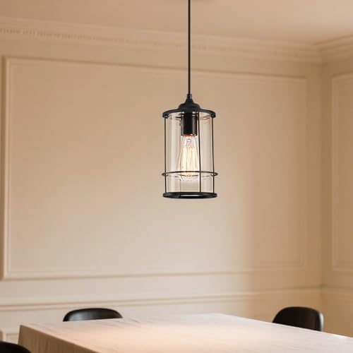 AKEZON Black Pendant Light Kitchen Island Glass Pendant Light Fixture, Kitchen Hanging Lights with Clear Glass, Modern Farmhouse Cage Pendant Lights for Dining Room Hallway Bathroom by AKEZON - Image 8