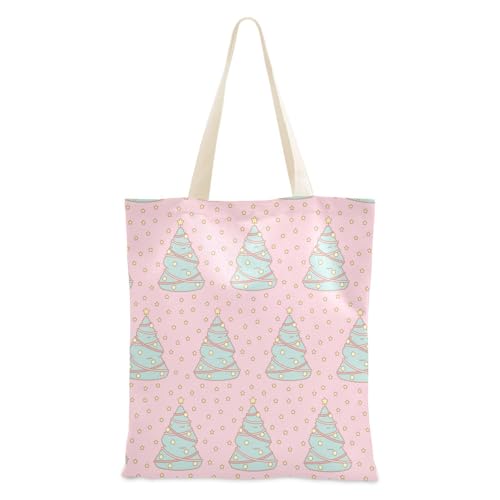 Cartoon Cute Pink Green Christmas Tree Canvas laptop bag with handles DIY Tote Bag Canvas Grocery Bag for Travelling Bolsa de lona