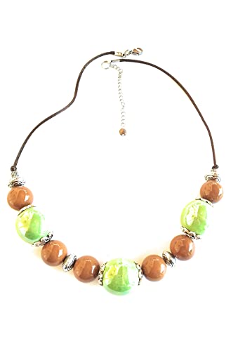 Collier perles céramique fil de soie anti-irritation, bijou fait main vert et café crème