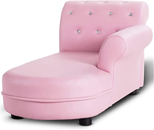 Image of HOMGX Pink Kids Sofa, Princess Armrest Chair Couch with Ottoman & Embedded Crystal, Kids PVC Leather Sofa for Toddler Girls Bedroom