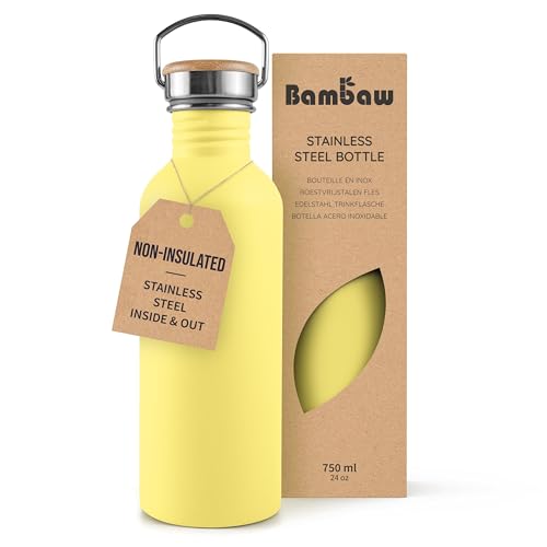 Image of Bambaw 750ml Stainless Steel Sports Bottle, Yellow Sports Bottle, Non-Insulated Water Bottle, Reusable, Hiking 750ml - Imperial Yellow