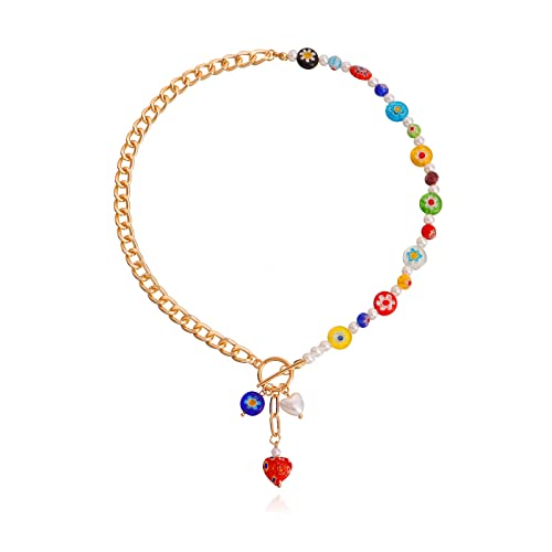 CJIAYUJEW Colorful Gold Chunky Heart Necklace for Women Heart Pendant OT Cuban Chain Necklace Boho Trendy Dainty Cute Heart Choker Necklace