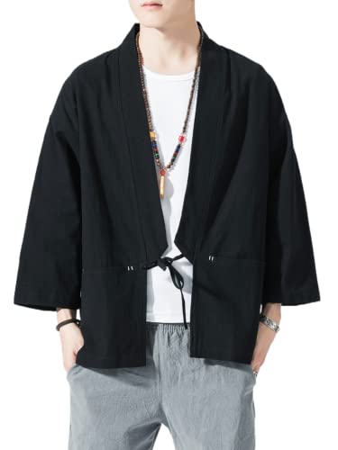 Image of Men's Japanese Kimono Cardigan Loose Cotton Linen 3 /4 Sleeve Open Front Casual Summer Shirt Jackets