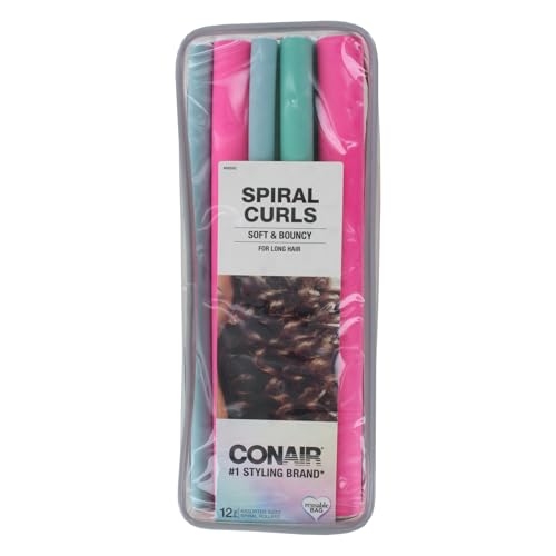 Conair Curls Spiral Rollers – Flexible Hair Curlers for Long Hair, No-Heat Styling, Soft & Bouncy Curls, Easy to Use on Wet or Dry Hair, Assorted Colors, 12-Piece Set with Storage Bag