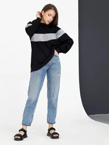 Image of LEOTUDE Women's Loopknit Boyfriend /Loose Fit Round Neck Sweatshirt (Color Black)