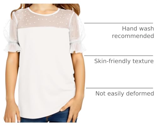 Image of Haloumoning Girls Shirts Sheer Puff Sleeve Tops Cute Swiss Dots Summer Blouse Tee 5-14 Years