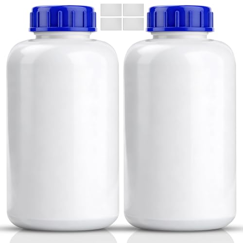 KGGZKG 2 Stücke 1000ml Weithalsflasche mit Schraubverschluß HDPE Laborflasche 1L Plastikflaschen zum befüllen Weithals-Flasche Chemiekalienflasche mit Dichtdichtung für Labor Küche