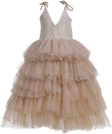 Flower Girl Strap Lace Tiered Tutu Tulle Party Dress Girls Maxi Dresses (Champagne, 7T)