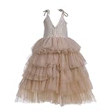 Flower Girl Strap Lace Tiered Tutu Tulle Party Dress Girls Maxi Dresses (Champagne, 7T)