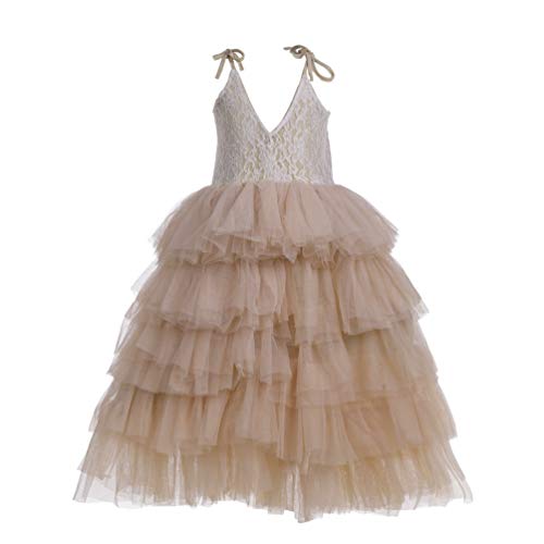 Flower Girl Strap Lace Tiered Tutu Tulle Party Dress Girls Maxi Dresses (Champagne, 7T) #TOP10
