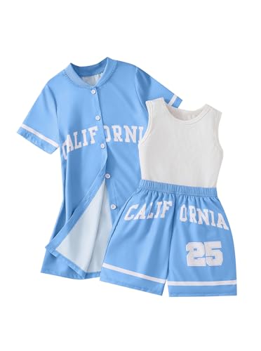 Image of Hilinker Girls 3 Piece Outfits Graphic Tank and Short Sleeve Cardigan with Shorts Set