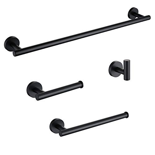 Best Cyber Monday 🔥 Iriber Bathroom Accessories Towel Bar Rack Shelf Caddy Hardware Set,Modern Stainless Steel Towel Robe Hook Toilet Paper Holder Towel Holder Matte Black Wall Mounted,4-Piece